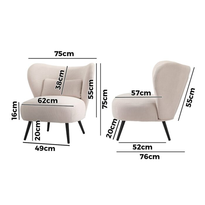 Oikiture 2x Armchair Lounge Chair Lumbar Pillow Wingback Velvet Beige - Image 5