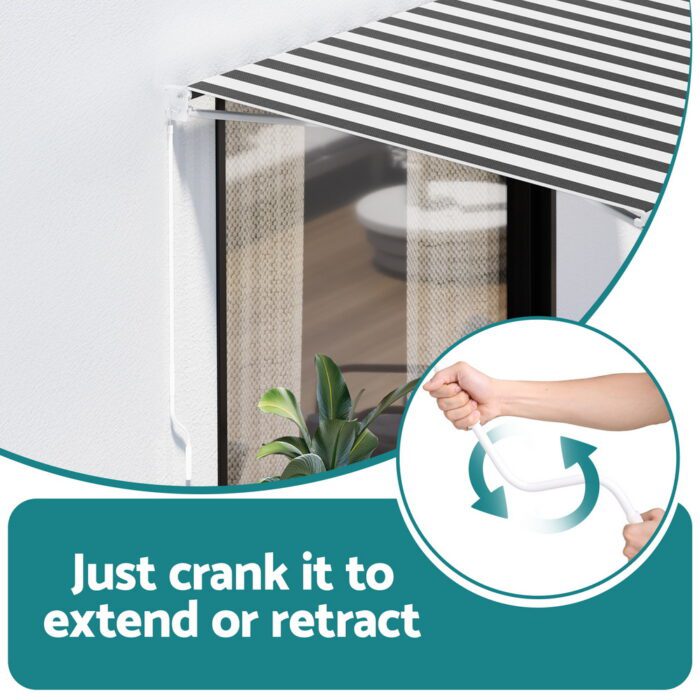 Instahut Retractable Folding Arm Awning Manual Sunshade 2.5Mx2M Grey White - Image 5