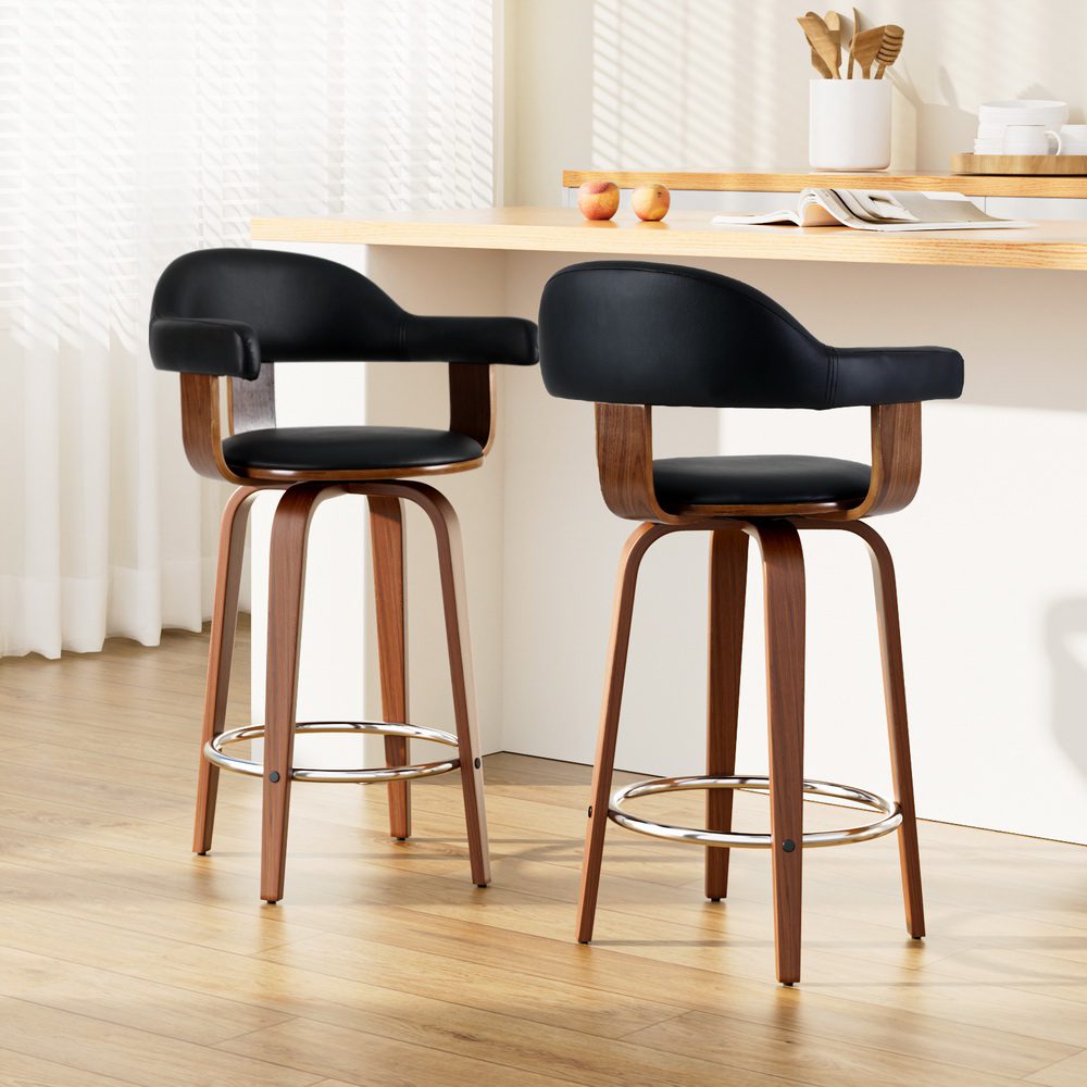 BA-TW-8036-BKX2-202502281000-00 Artiss 2x Bar Stools Leather Seat Wooden Legs - Image 1