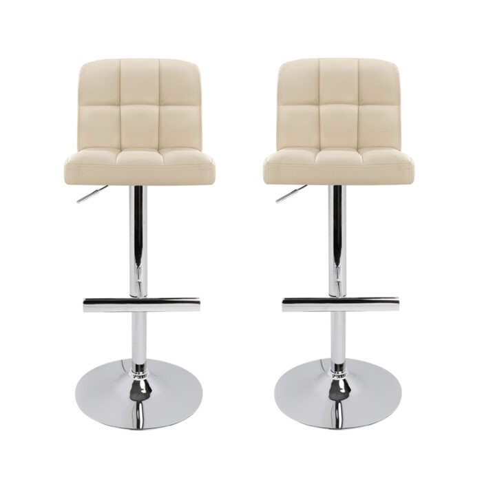 Artiss 2x Bar Stools Leather Gas Lift Beige - Image 3
