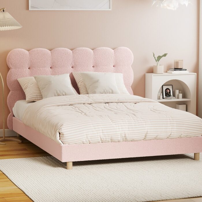 Oikiture Bed Frame Double Size Tufted Bedhead Boucle Fabric Pink - Image 2