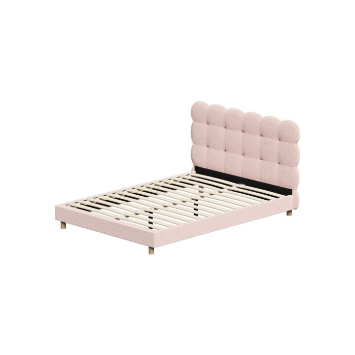Oikiture Bed Frame Double Size Tufted Bedhead Boucle Fabric Pink - Image 4