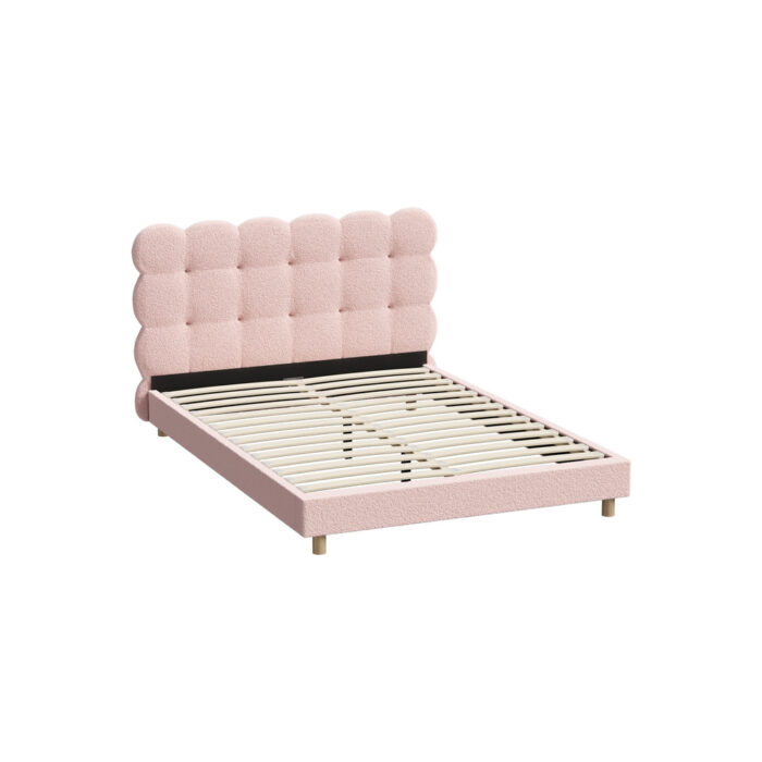 Oikiture Bed Frame Double Size Tufted Bedhead Boucle Fabric Pink - Image 3
