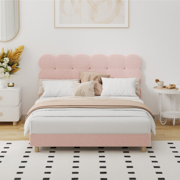 Oikiture Bed Frame Double Size Tufted Bedhead Boucle Fabric Pink - Image 9