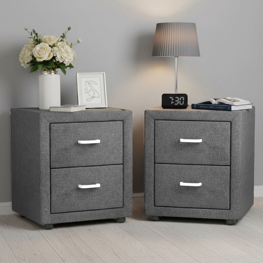 BFRAME-E-BSIDE-GYX2-202510301616-00 Artiss 2X Bedside Table 2 Drawers Side Table Fabric - CADEN Grey - Image 1