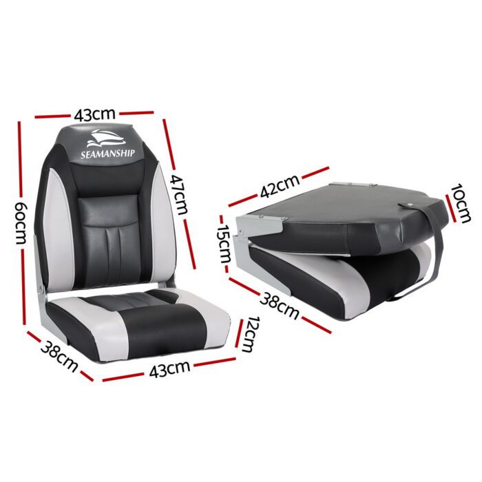 Seamanship 2X Folding Boat Seats Marine Seat Swivel High Back 12cm Padding Black - Image 2