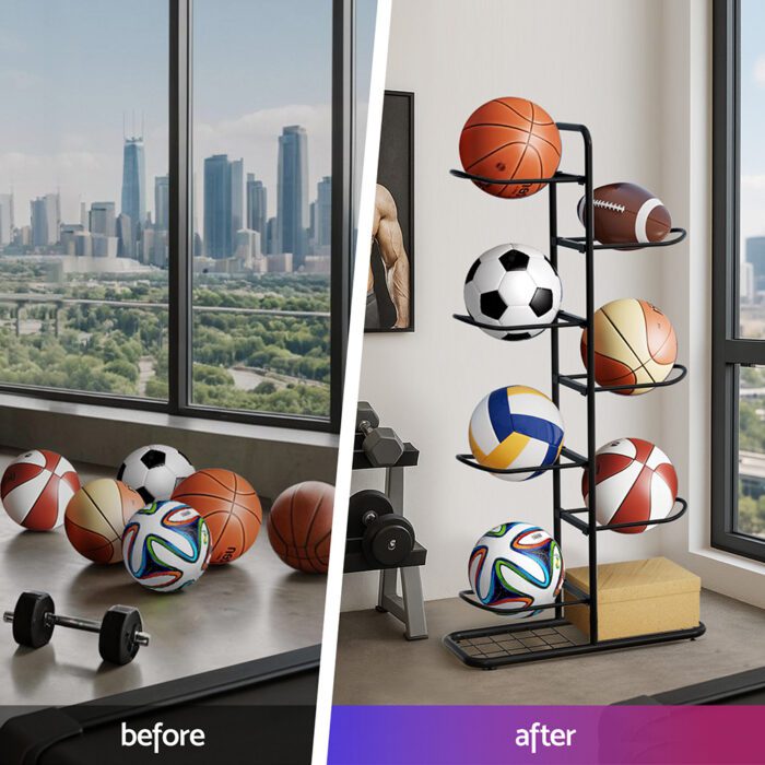 Everfit Ball Storage Rack Sports Equipment Organizer 7-Tier Holder for Garage Gym Black - Image 4