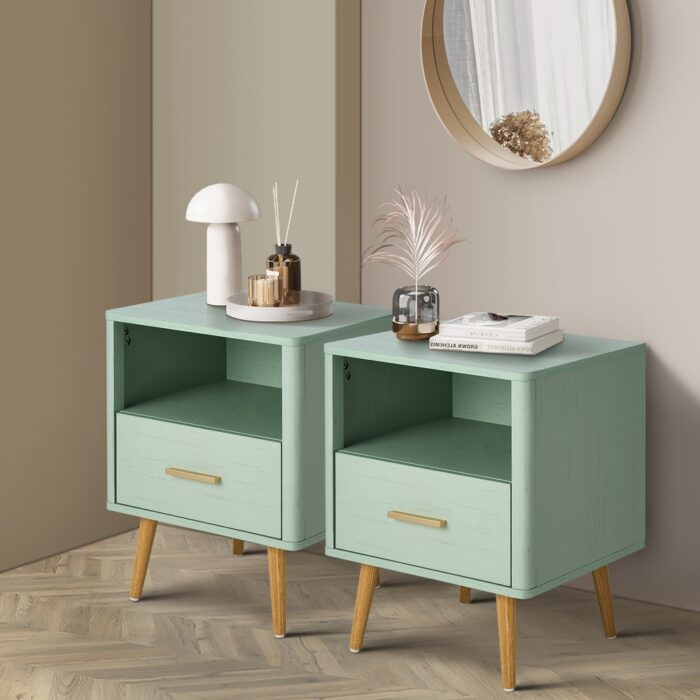 Oikiture 2x Bedside Table 1 Drawer Open Shelf Nightstand Green - Image 2