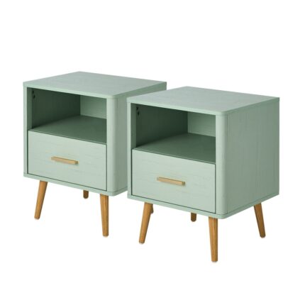 Oikiture 2x Bedside Table 1 Drawer Open Shelf Nightstand Green