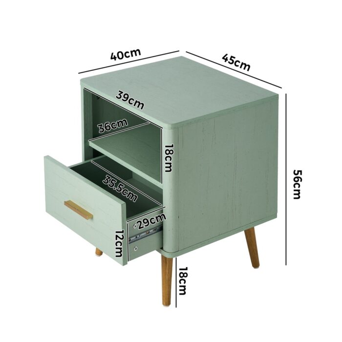 Oikiture 2x Bedside Table 1 Drawer Open Shelf Nightstand Green - Image 9