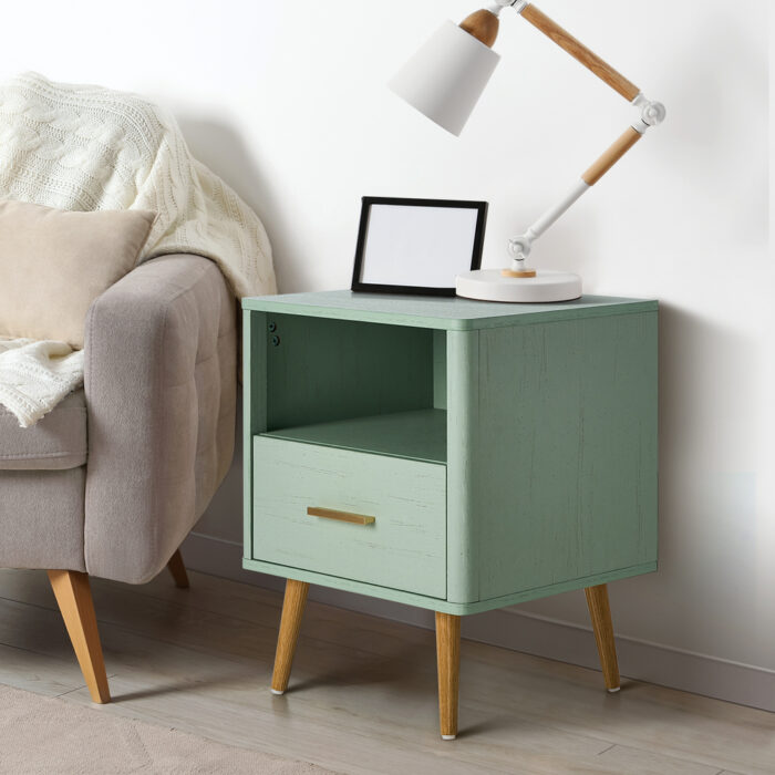 Oikiture 2x Bedside Table 1 Drawer Open Shelf Nightstand Green - Image 4