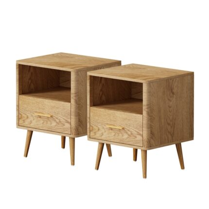 Oikiture 2x Bedside Table 1 Drawer Open Shelf Nightstand Natural