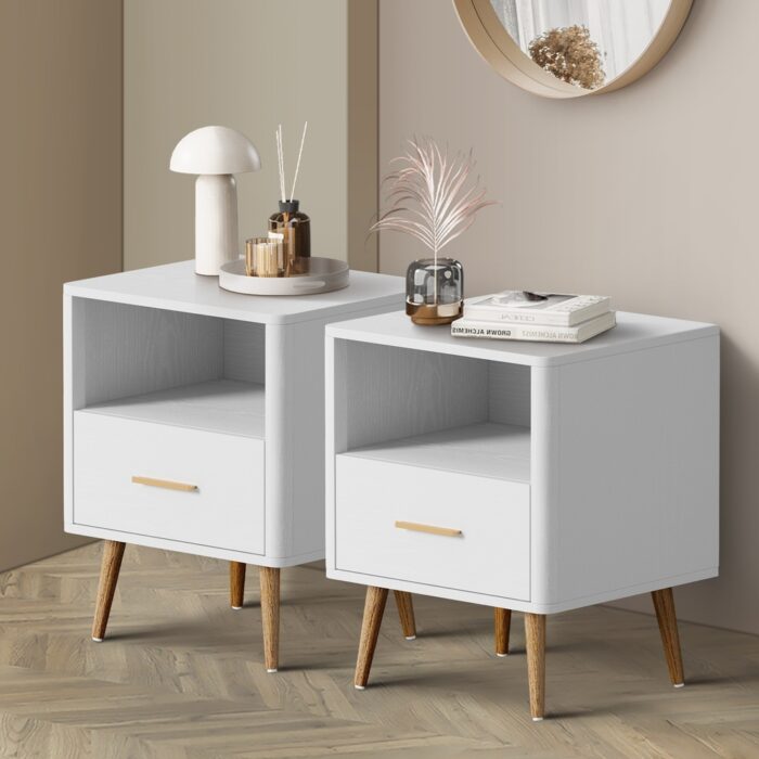 Oikiture 2x Bedside Table 1 Drawer Open Shelf Nightstand White - Image 5
