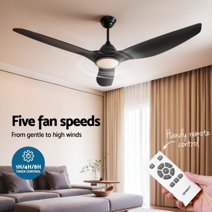 Devanti 64 Inch Ceiling Fan DC Motor w/Light w/Remote - Black - Image 4