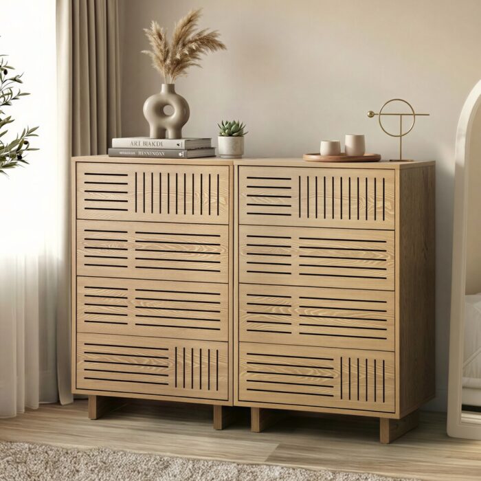 Oikiture 4 Chest of Drawers Storage Cabinet Tallboy Natural Set of 2 - Image 2