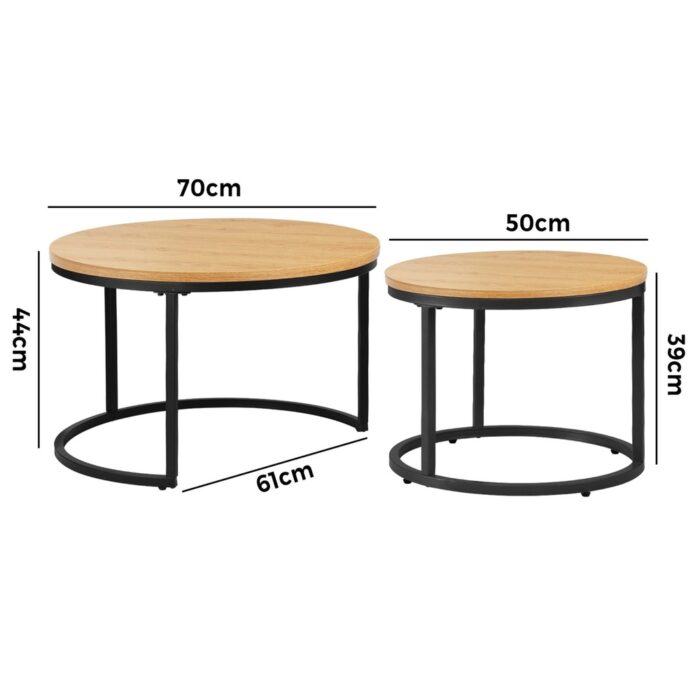 Oikiture Set of 2 Nesting Coffee Table Round Natural - Image 4