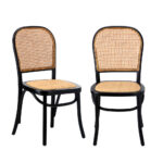 Oikiture 2PCS Dining Chairs Wooden Rattan Black