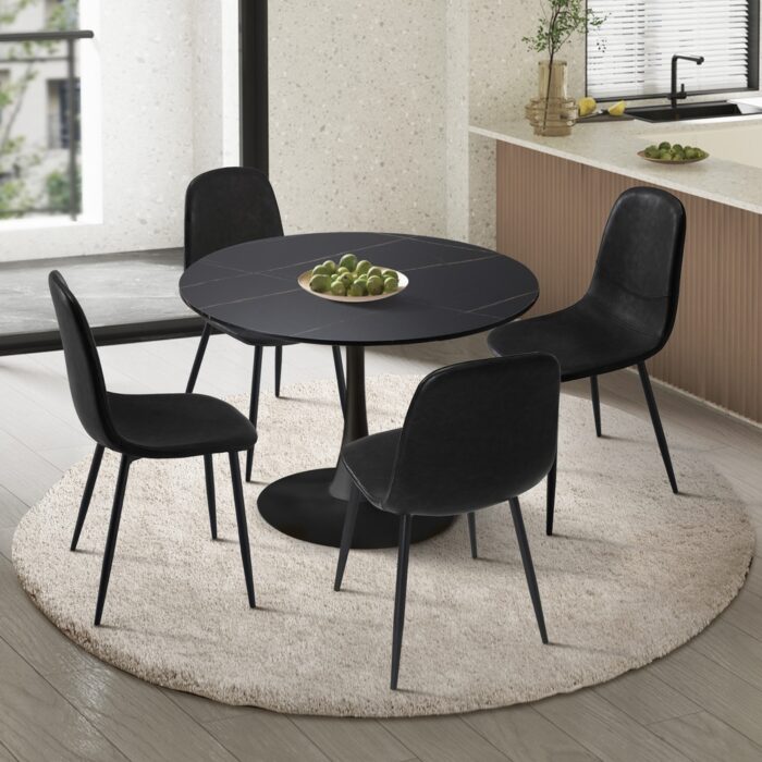 Oikiture 90cm Round Dining Table with 4x Dining Chairs PU Leather Black - Image 5