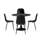 Oikiture 90cm Round Dining Table with 4x Dining Chairs PU Leather Black - Image 4