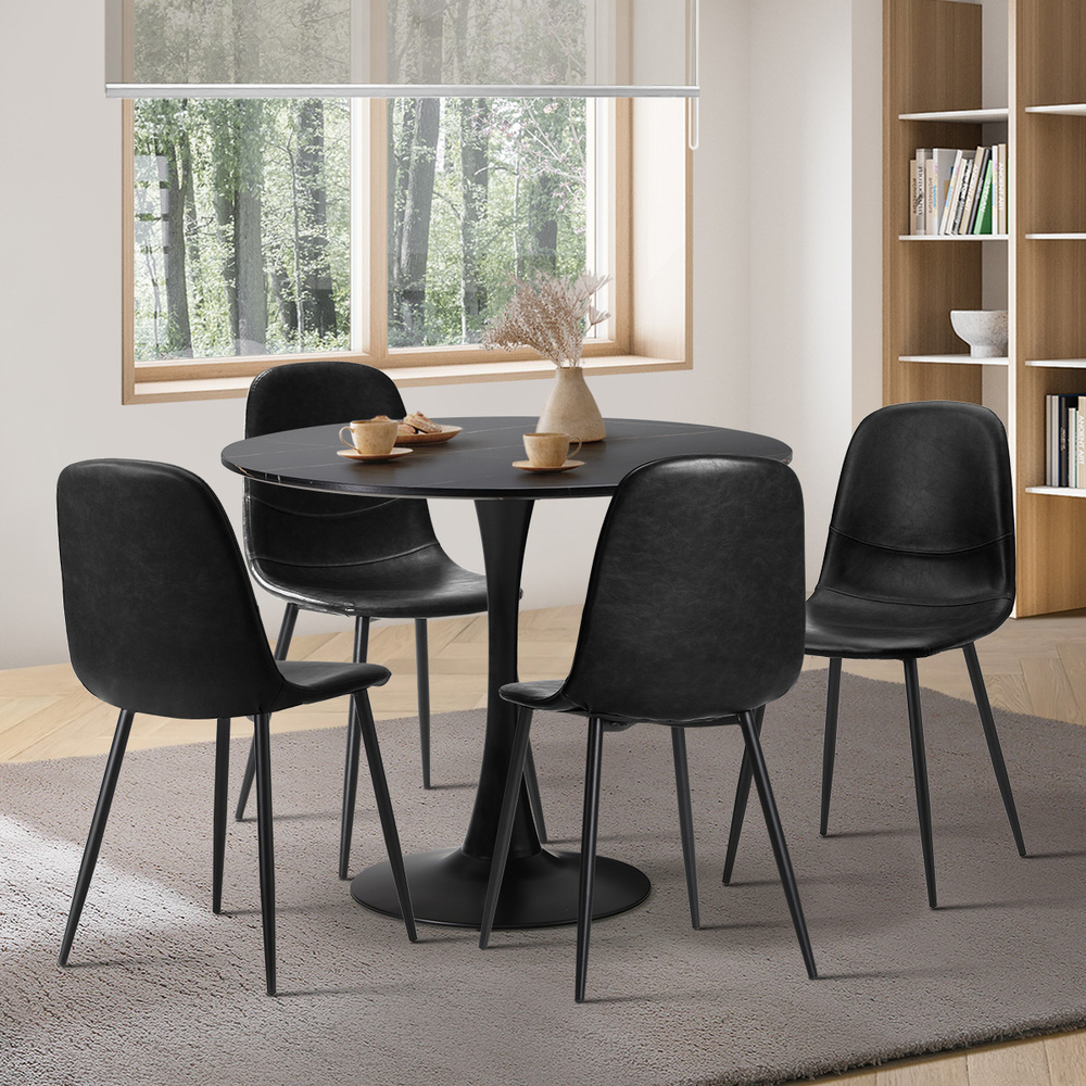 DIN-SETS-90ECO-BK-07 Oikiture 90cm Round Dining Table with 4x Dining Chairs PU Leather Black - Image 1