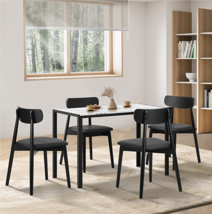 Oikiture 1.2m Dining Table with 4PCS Wooden Chairs Set PU Leather White & Black - Image 3