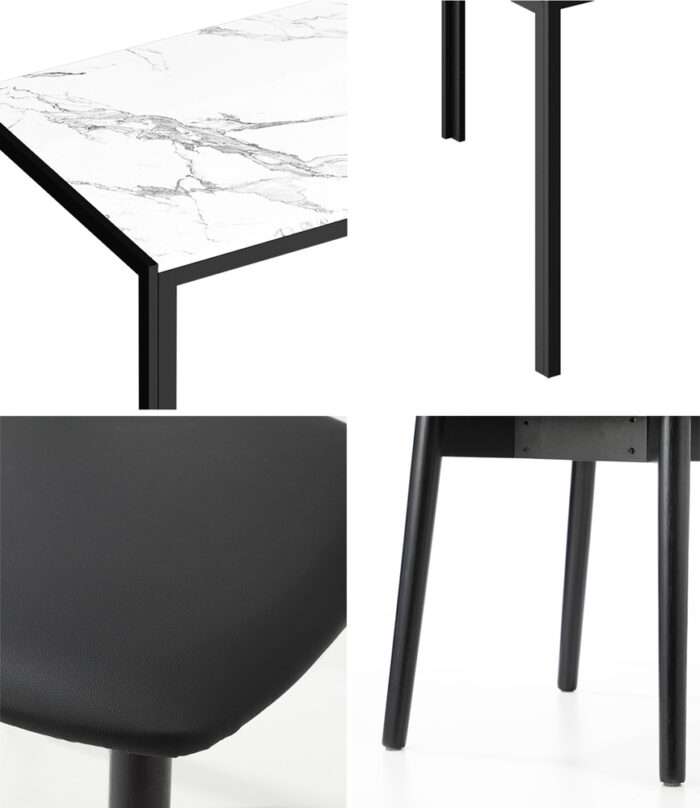 Oikiture 1.2m Dining Table with 4PCS Wooden Chairs Set PU Leather White & Black - Image 2