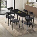 Oikiture 1.4m Dining Table with 6PCS Wooden Chairs Set PU Leather Black - Image 4