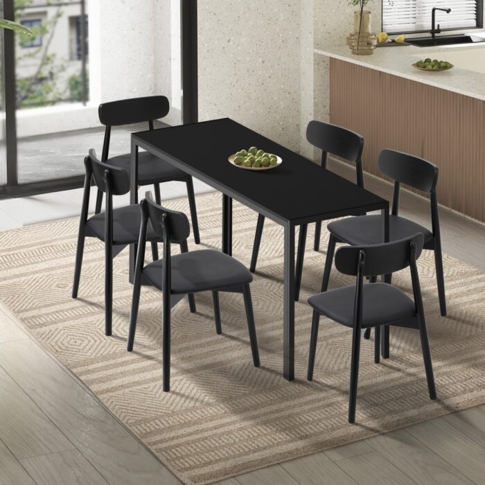 Oikiture 1.4m Dining Table with 6PCS Wooden Chairs Set PU Leather Black - Image 4