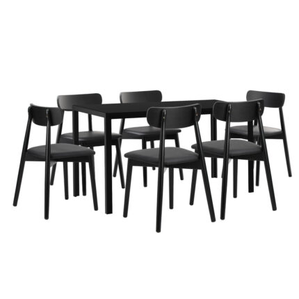 Oikiture 1.4m Dining Table with 6PCS Wooden Chairs Set PU Leather Black