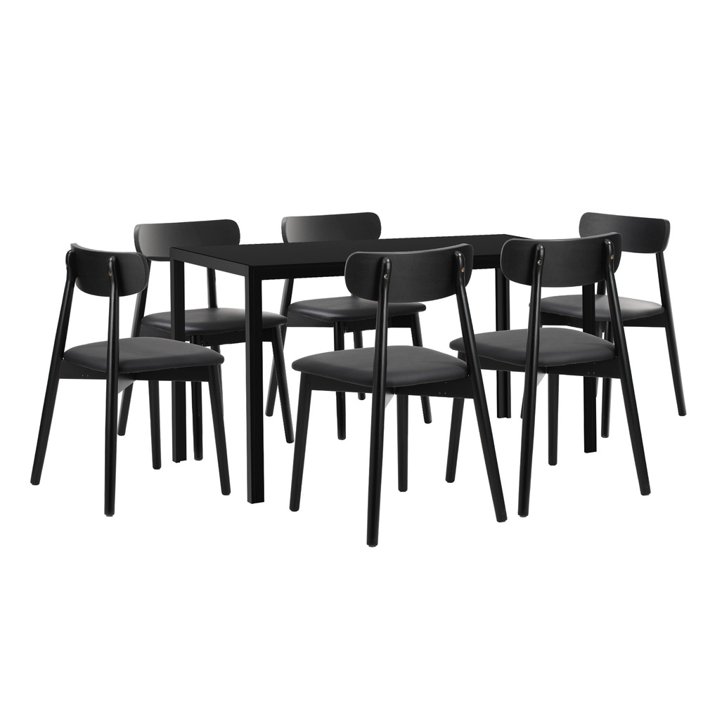 DIN-SETS-DR-7PC-01 Oikiture 1.4m Dining Table with 6PCS Wooden Chairs Set PU Leather Black - Image 1