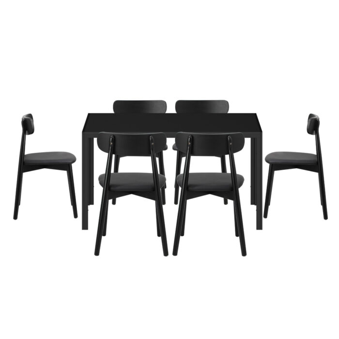 Oikiture 1.4m Dining Table with 6PCS Wooden Chairs Set PU Leather Black - Image 2