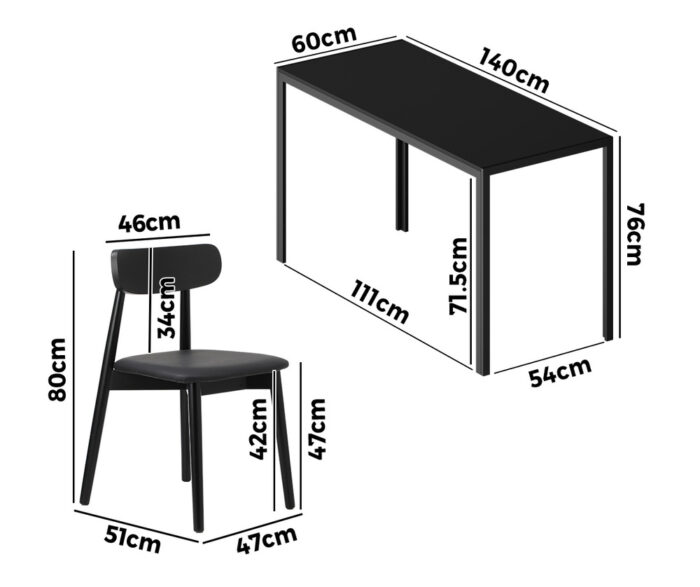 Oikiture 1.4m Dining Table with 6PCS Wooden Chairs Set PU Leather Black - Image 6