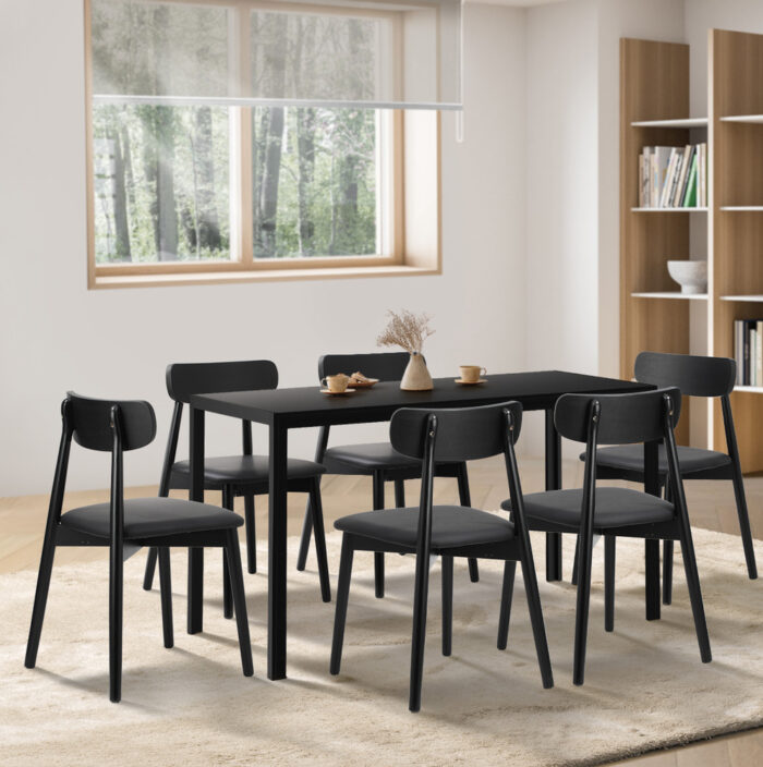 Oikiture 1.4m Dining Table with 6PCS Wooden Chairs Set PU Leather Black - Image 3