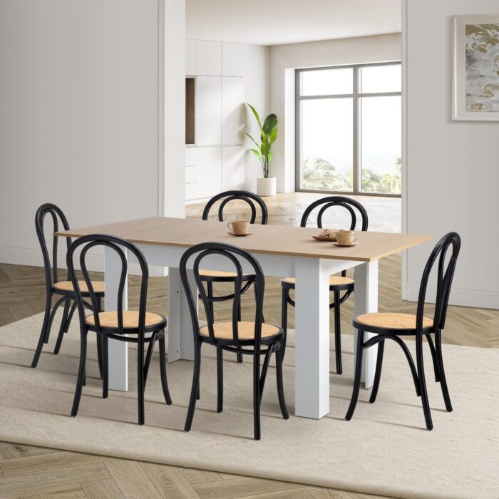 Oikiture 160cm Extendable Dining Table with 6PCS Crossback Chairs Black - Image 3