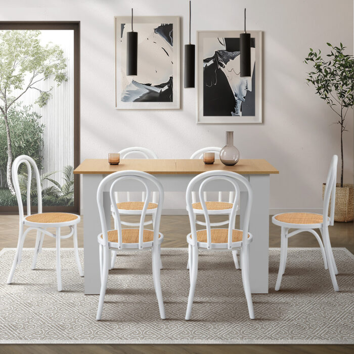 Oikiture 160cm Extendable Dining Table with 6PCS Crossback Chairs White - Image 5
