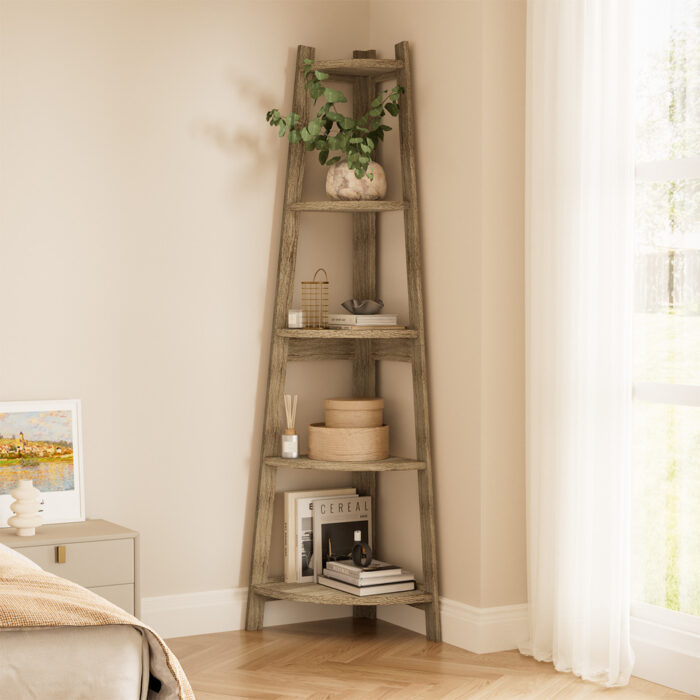 Oikiture Corner Ladder Shelf 5 Tier Display Stand Bookshelf Natural - Image 3