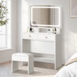 Oikiture Dressing Table Stool Set LED Mirror White - Image 8