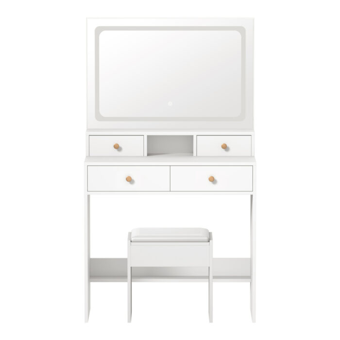 Oikiture Dressing Table Stool Set LED Mirror White - Image 5
