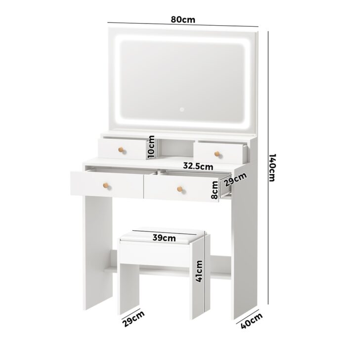 Oikiture Dressing Table Stool Set LED Mirror White - Image 4