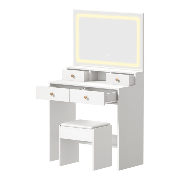 Oikiture Dressing Table Stool Set LED Mirror White - Image 2