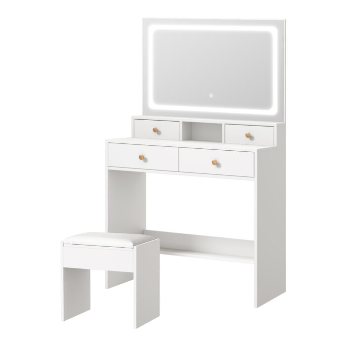Oikiture Dressing Table Stool Set LED Mirror White - Image 3