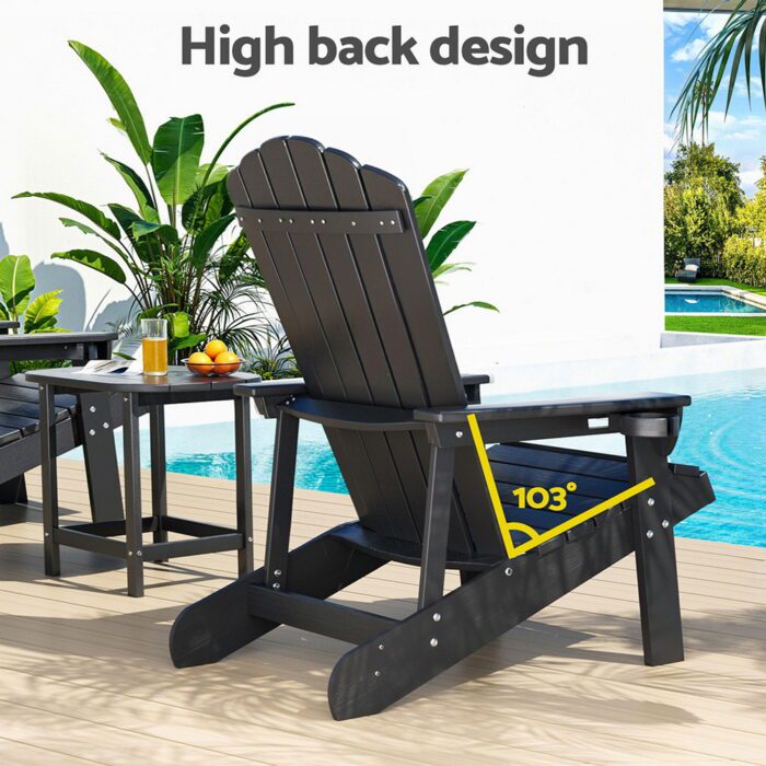 Gardeon Outdoor Table and Chairs HDPE Adirondack Beach Chair Sun Lounge Patio Furniture Garden Black - Image 6