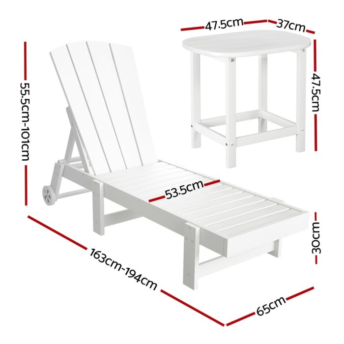 Gardeon Sun Lounge Lounger Table and Chairs Beach Chair Adirondack HDPE Patio Outdoor Furniture Wheels White - Image 2