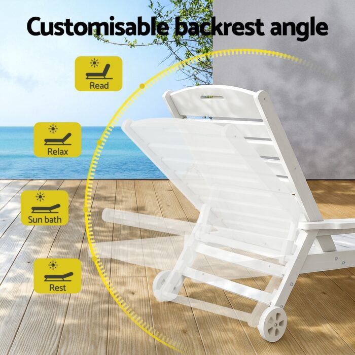 Gardeon Sun Lounge Lounger Beach Chair HDPE Patio Outdoor Furniture with Wheels White - Image 5