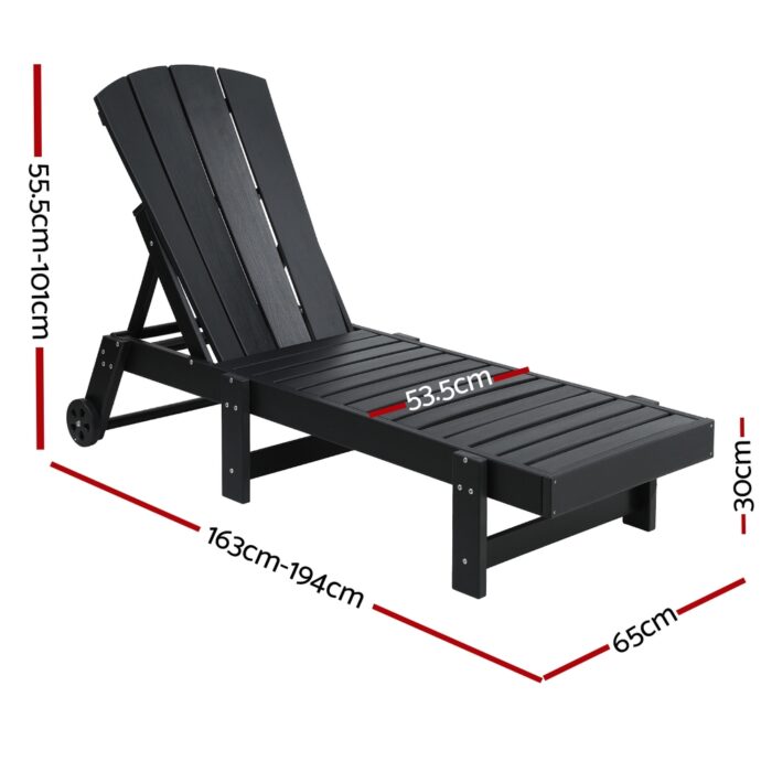 Gardeon Sun Lounge Beach Chair HDPE Adirondack Lounger Patio Outdoor Furniture with Wheels Black - Image 2