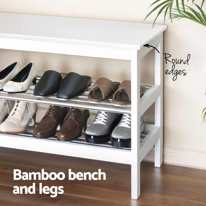 Artiss Shoe Rack Cabinet Bamboo Bench 10 Paris White - Image 5