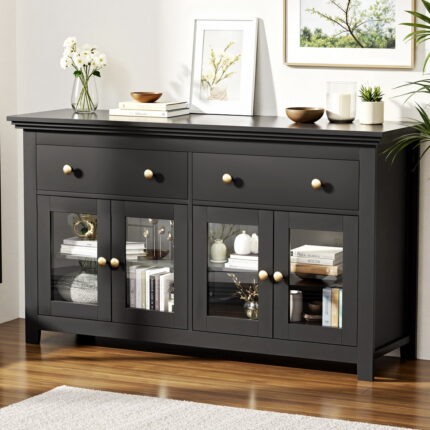 Artiss Buffet Sideboard Storage Cabinet Kitchen Cupboard Clear Door Drawer Black