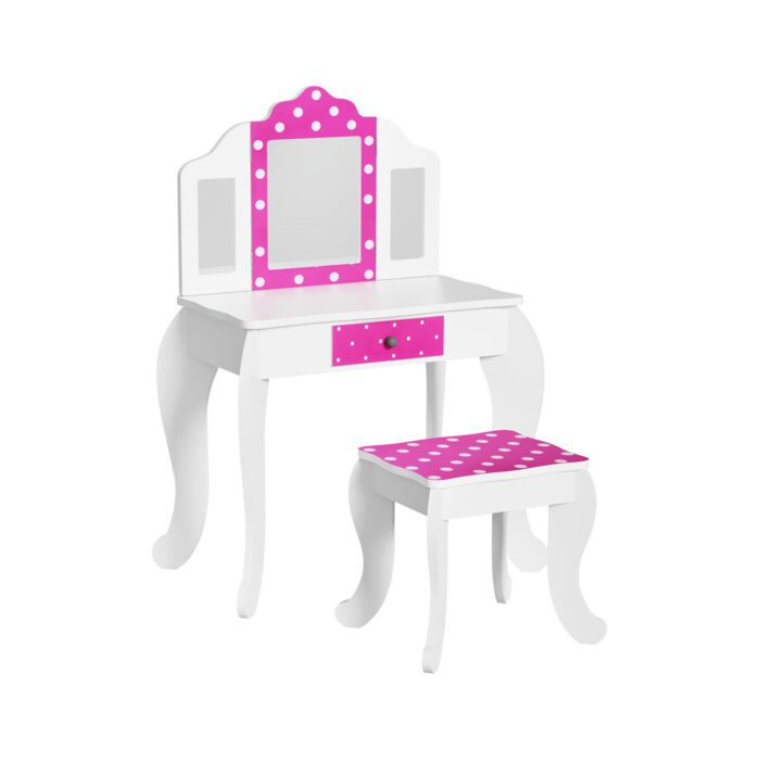 Keezi Kids Dressing Table Vanity Makeup Chair Set Wooden 3 Mirror Drawer Pink - Image 3
