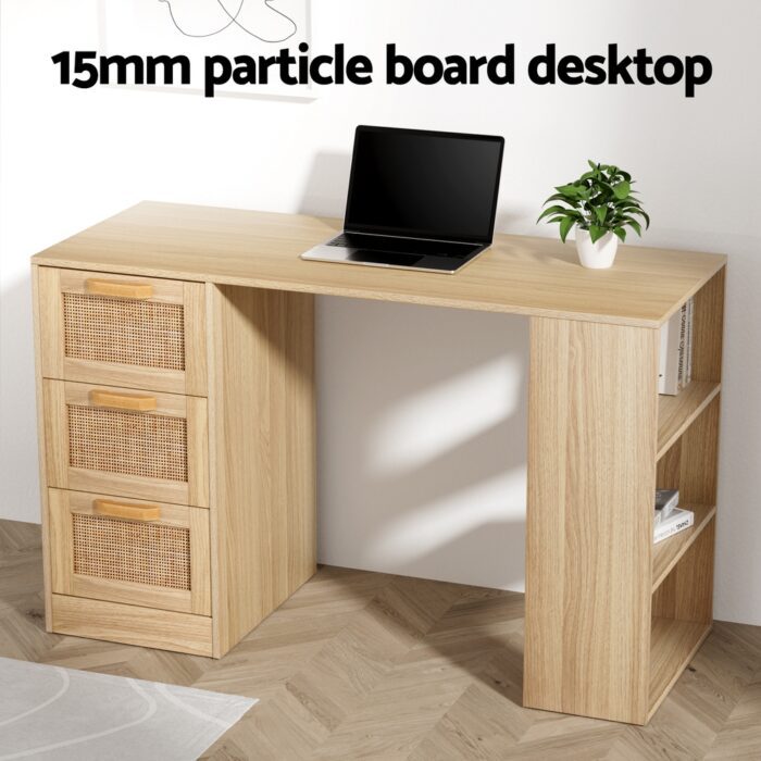 Artiss Computer Desk Drawer Shelf Home Office Study Table Rattan Oak 120CM - Image 6