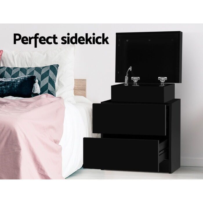 Artiss Bedside Table 2 Drawers Lift-up Storage - COLEY Black - Image 3
